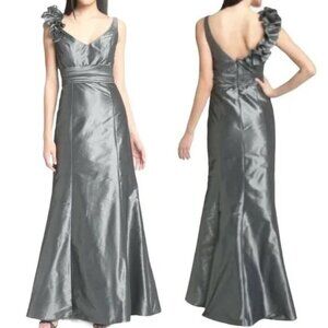 Designer Amsale - Long Formal Maxi Dress Gown Metallic Silver 4 Taffeta